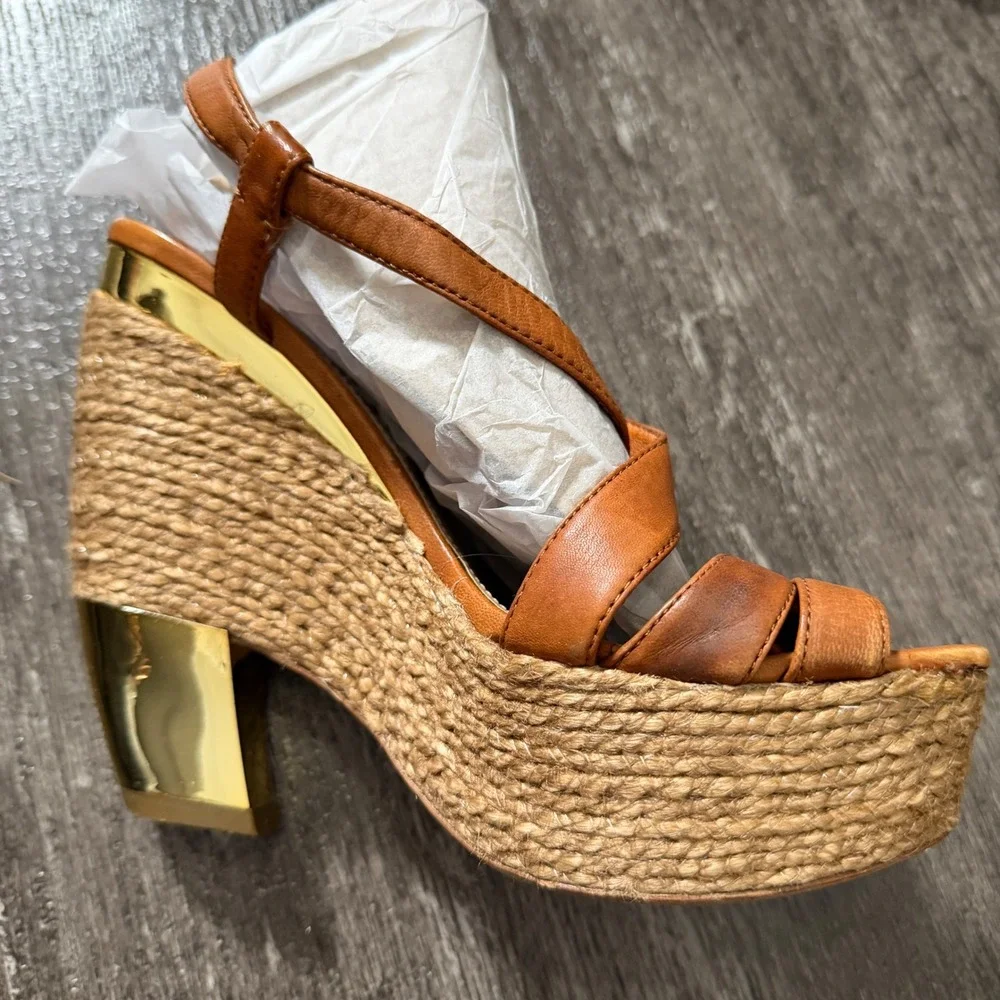 Miu Miu Brown Leather Espadrille Wedge Sandals Gold Accent Heel 34.5 EU / 4.5 US